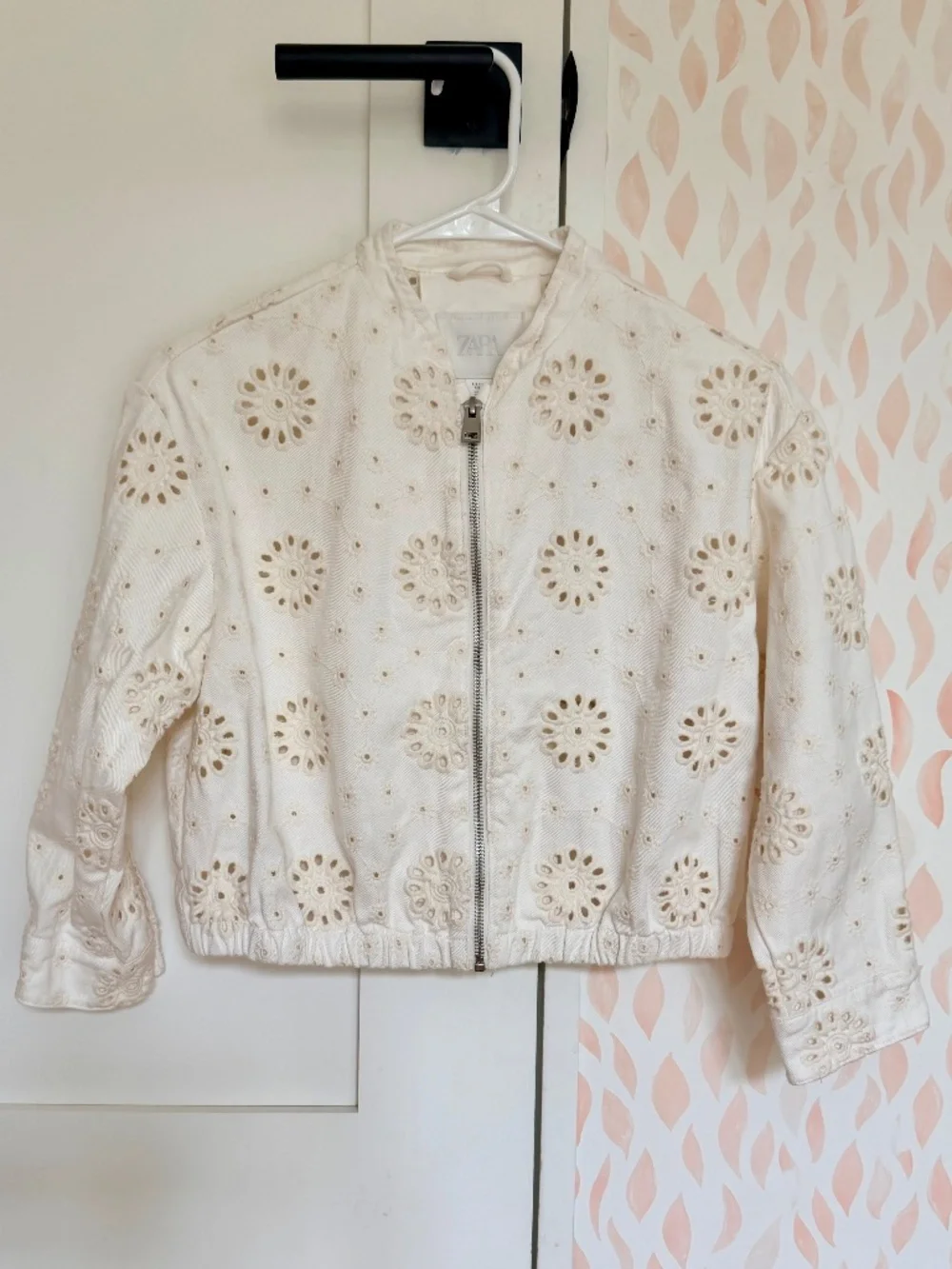 Zara Kids, Off-White Eyelet Bomber Jacket, Girls Size 8-9